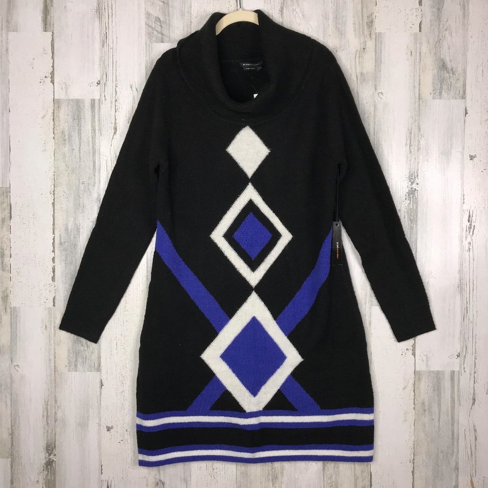 NWT BCBGMaxazria blue black argyle sweater dress